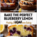 Sliced blueberry bread with golden crust and lemon glaze styled on a rustic board, a dreamy Blueberry Dessert scene.